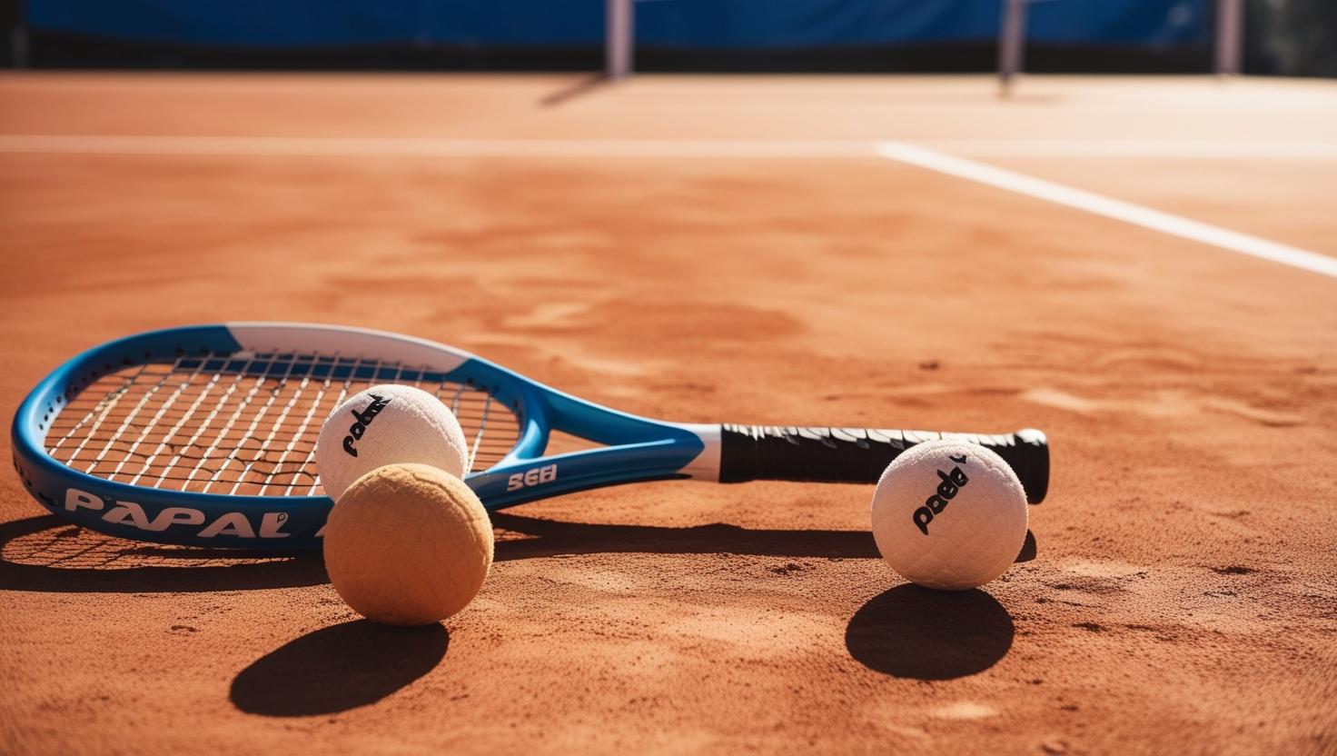 generame una foto de una raqueta de padel y pelotas tiradas en el suelo aesthetic