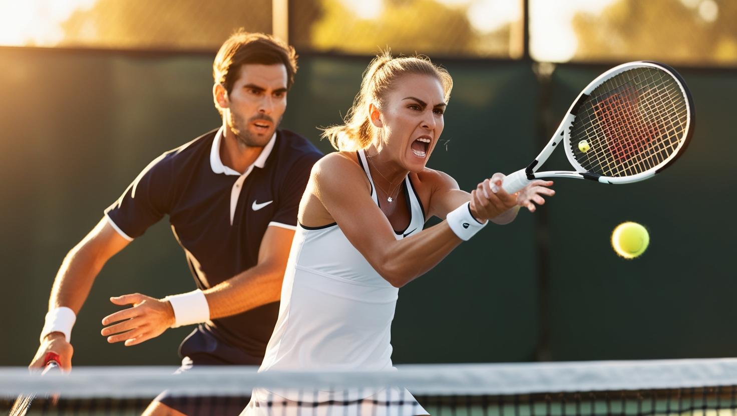 podrias generarme una foto de dos adultos, mujer y hombre jugando un partido de tenis, con un toque aesthetic
