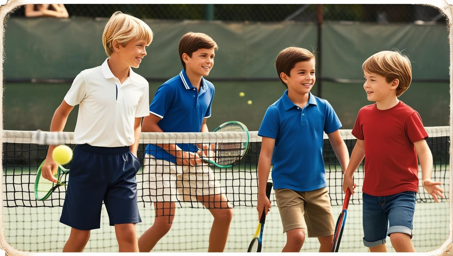 podrias generarme una foto de unos niños jugando al tenis que tenga un estilo vintage, pero que sea mixto y no vayan igual vestidos